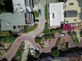 Top view steep hills and sharp curves one-way road Lombard Street, San Francisco